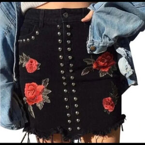 Carmar Rosemert Black Denim Cut Off Studded Rose Mini Skirt NWT Size 25